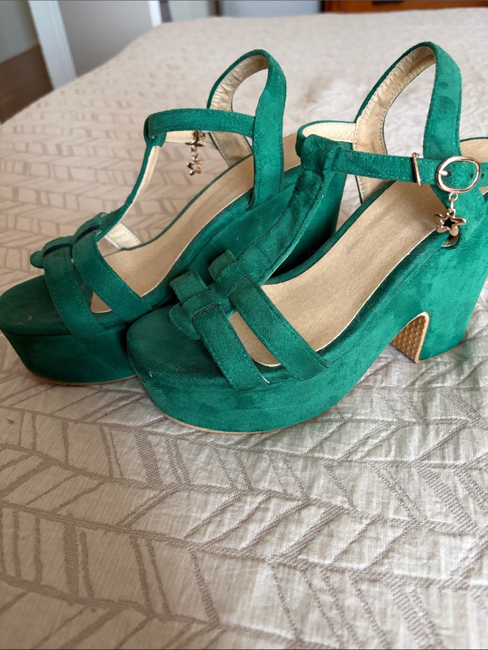Green Suede Platform Sandals with Ankle Strap Quick Release Buckle- 38/7.5-8 US